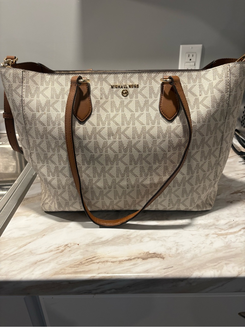 Michael Kors Beige MK Signature Tote with Brown Leather Trim